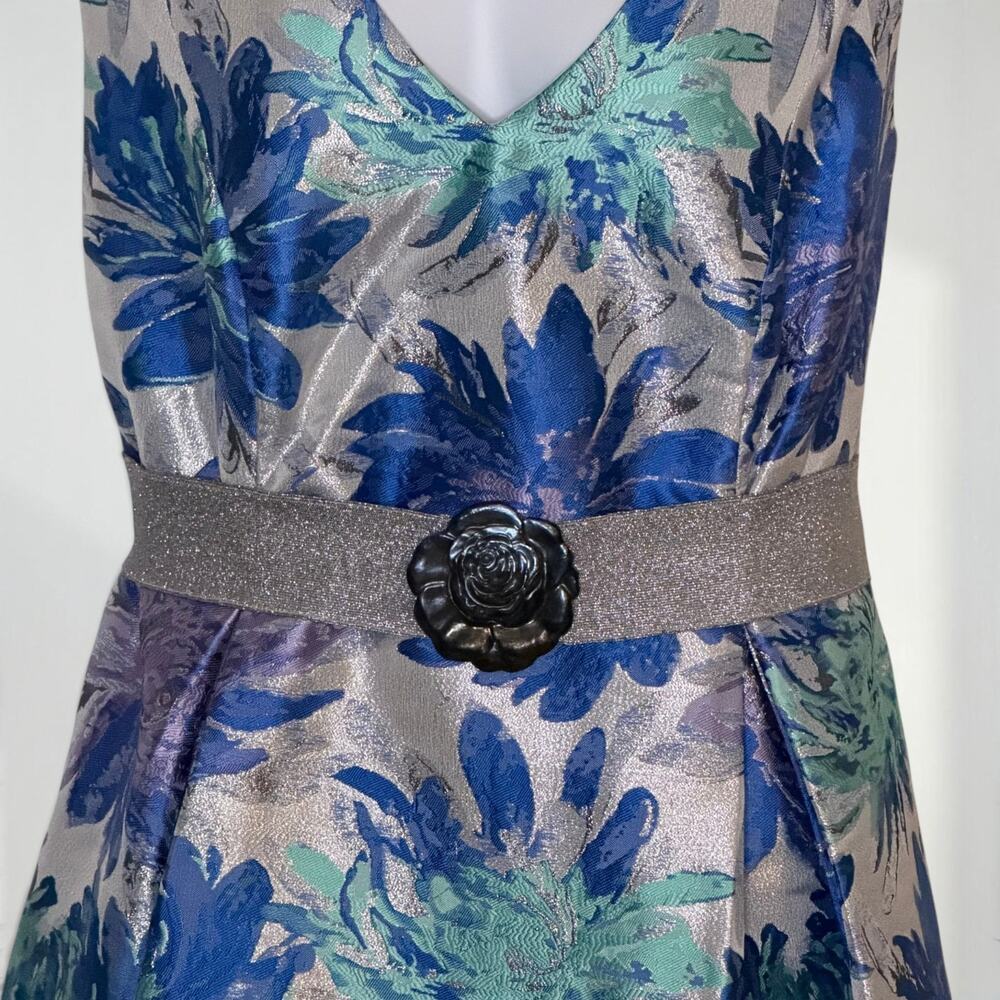 Adrianna Papell 16W Blue Silver Metallic Jacquard Midi Dress Pockets Wedding - Picture 6 of 13